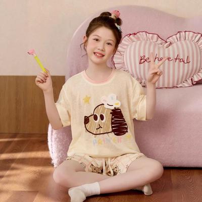 Girls Short Sleeve Pajama Set Cartoon Print Cotton Lyocell Sleepwear Ages 8 Lightweight Home Outfit