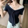 French V-Neck Lace Splicing Bow Strap Short Sleeve T-Shirt Women's Summer Niche Slim Bottom Top