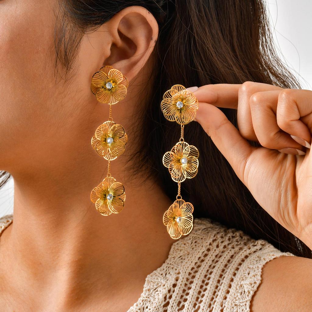 Vintage Exaggerated Hollow Flower Big Earrings for Women, Stainless Steel Long Earrings, Fashion Unique Design Statement Jewelry