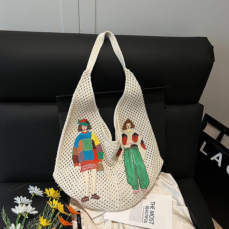 

Мультяшная вязаная сумка-тоут с полым сетчатым узором, большая вместимость, сумка для пляжного отдыха, корейская повседневная легкая сумка бежевый