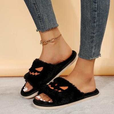 Fashion Halloween Pumpkin Head Hairy Slippers 2024 Winter Plush Toe Out Wearing Non Slip and Wear Resistant One Word Cotton Slippers