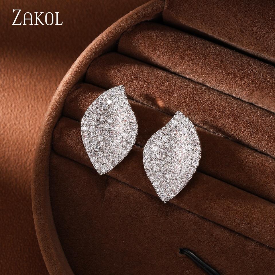 ZAKOL Simple Leaf Shape Micro-set CZ Zircon Stud Earrings Exquisite Fashion Charm Jewelry Gift For Women Girls
