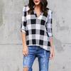 Plaid Print V-Neck Long Sleeve Roll-Up Loose Women's Shirt Vintage Checkered