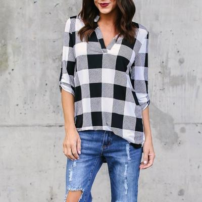Plaid Print V-Neck Long Sleeve Roll-Up Loose Women's Shirt Vintage Checkered