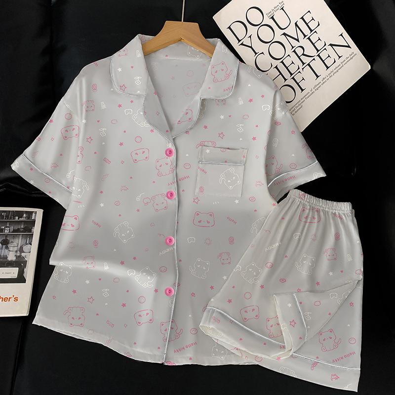 

Cute Ice Silk Pajamas Women S Summer Short-Sleeved Suit Can Be Worn Outside High-Value Cartoon Loungewear 2XL