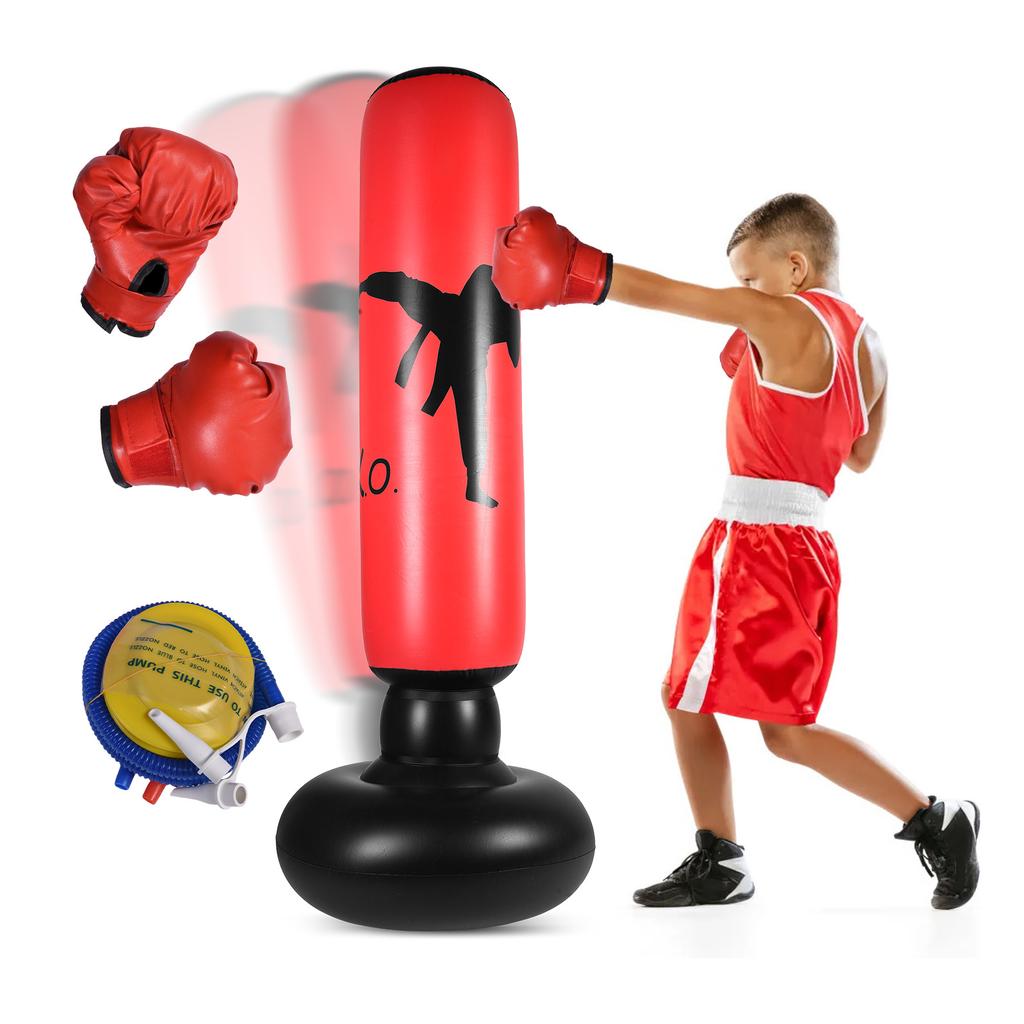 Inflatable Kids Punching Bag with Foot Pump and Gloves for Family Fun Indoor Outdoor Punch Bag for Kids Red and Black 1