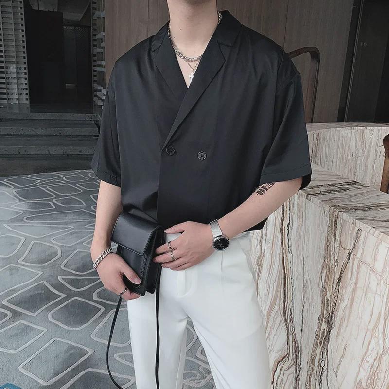 Stylish Men's Korean Short-Sleeved Luxury Drape Suit Collar Shirt for Hair Stylists
