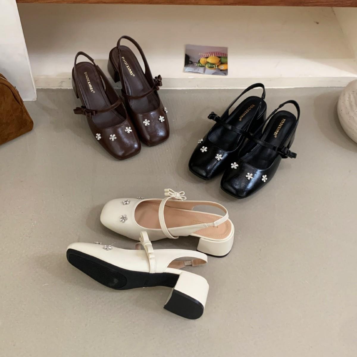 

2025 new autumn shallow mouth rhinestone flower word with empty bow commuter work women s single shoes soft sole women 39 коричневый