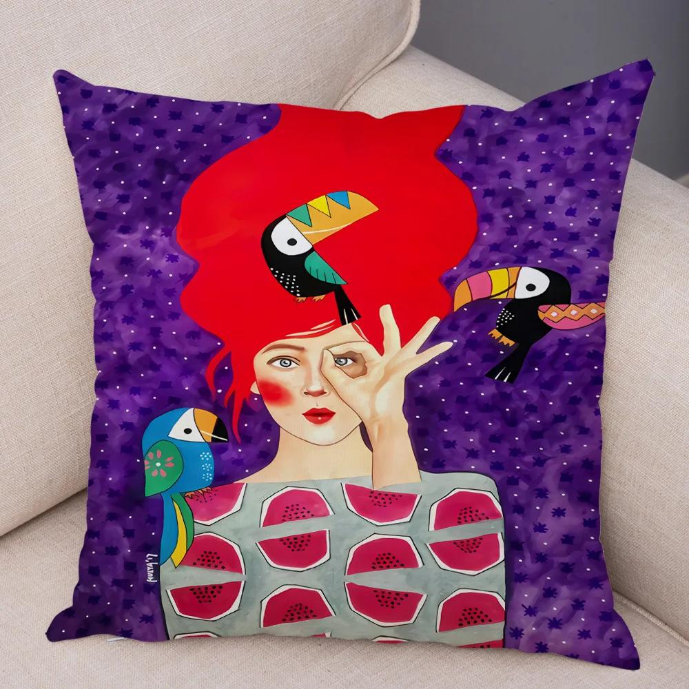 Fashion Abstract Girl Pillowcase Soft Plush Decor Cartoon Flower Lady Cushion Cover for Sofa Home Throw Pillow Case 45x45cm