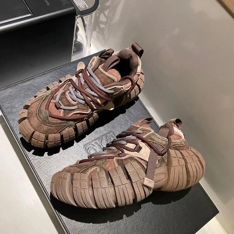 Platform Sneaker Men's Tire Sole Designer Chunky Running Shoes British Retro Luxury Microfiber Leather Shoes  Chaussure Homme