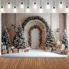 Fond de photographie de fenêtre française cintrée beige de Noël Couronne Arbres de Noël Fenêtre extérieure enneigée Toile de fond pour portrait de famille sur canapé8
