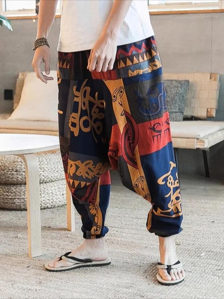 Ethnic Style Men's Polyester Casual Pants with Vintage Patterns Relaxed Fit Elastic Waistband Ankle-Cuff Design Comfortable Pants for All Seasons
