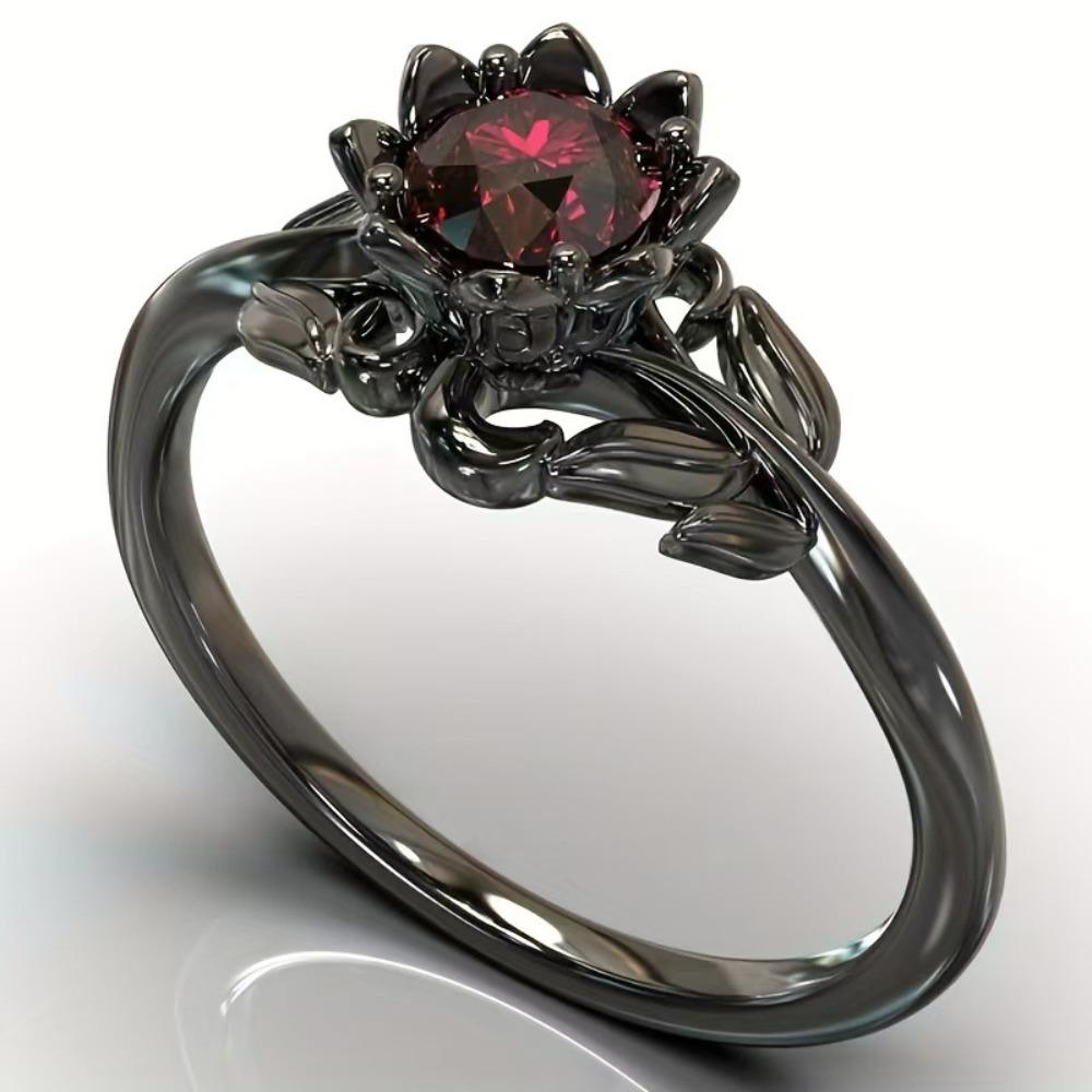 Gothic Lotus Flower Ring Black Gold Tone Red Zircon Solitaire Rings Vintage Floral Statement Jewelry for Women Halloween Gifts