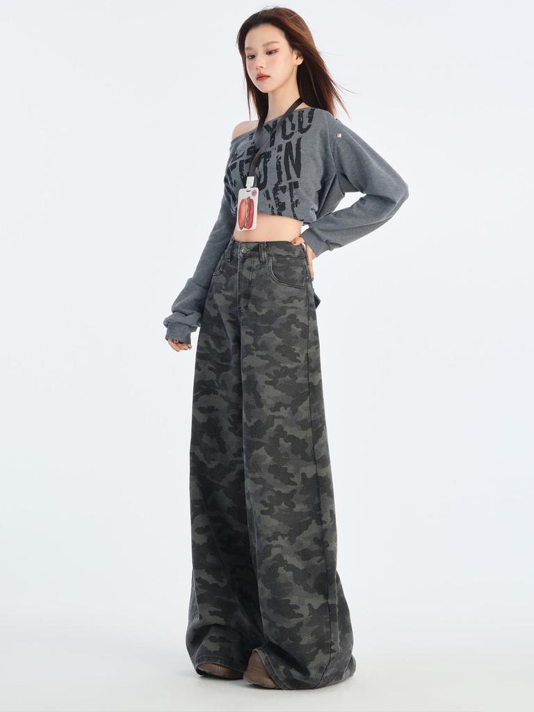 American-Style High-Waist Camo Jeans: Women's Wide-Leg, Slimming, Loose-Fit Pants for Spring 2025