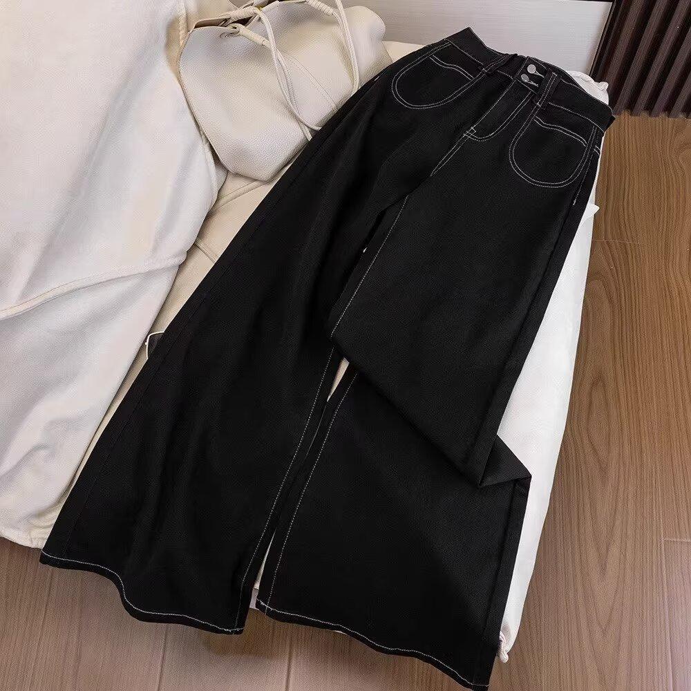 

Женские джинсы прямого кроя с высокой посадкой 2024: Тонкий, свободный крой для весны, осени и зимы L чёрный