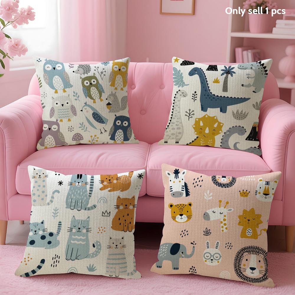 INS Cartoon Animals Cushion Cover Natural Linen Organic Fabric DoubleSided Printing Sofa Home Decor Gift Pillow Case