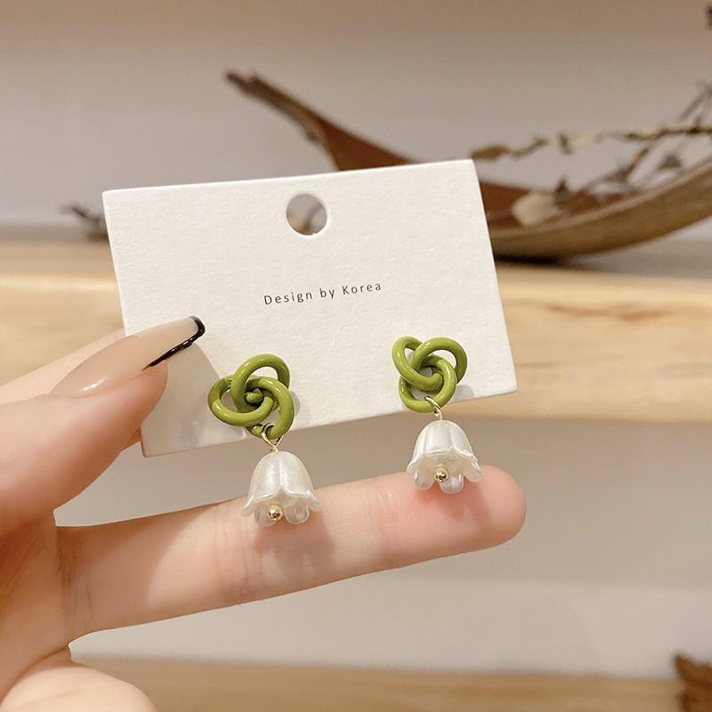 Trend Green Flower Knotted Lily of the Valley Pendant Earring for Women Zircon Christmas Girl Gift