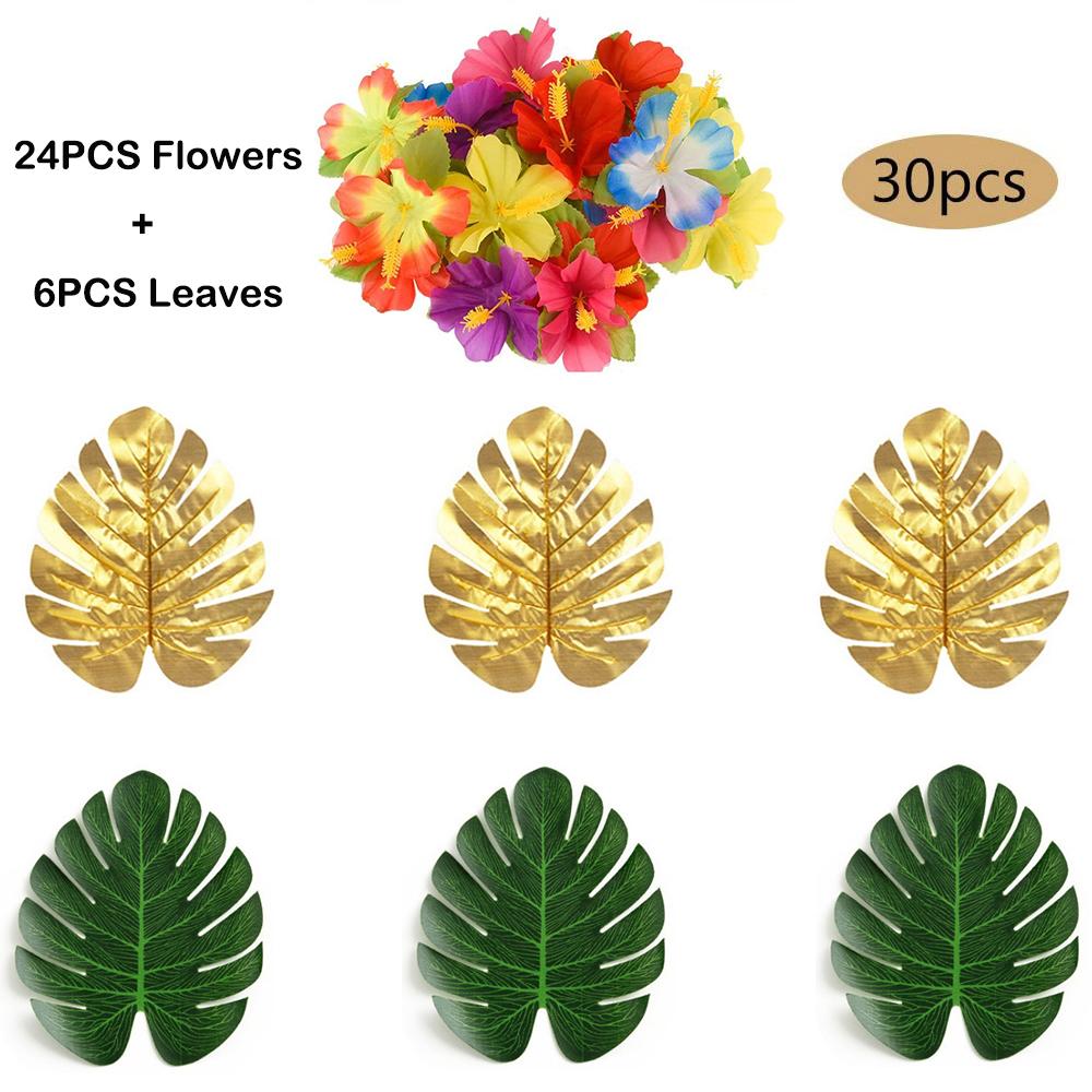 Tropical Monstera Palm Leaves Hibiscus Flower Hawaiian Luau Leaves Tropical Party Jungle Beach Table Decoration Wedding Birthday