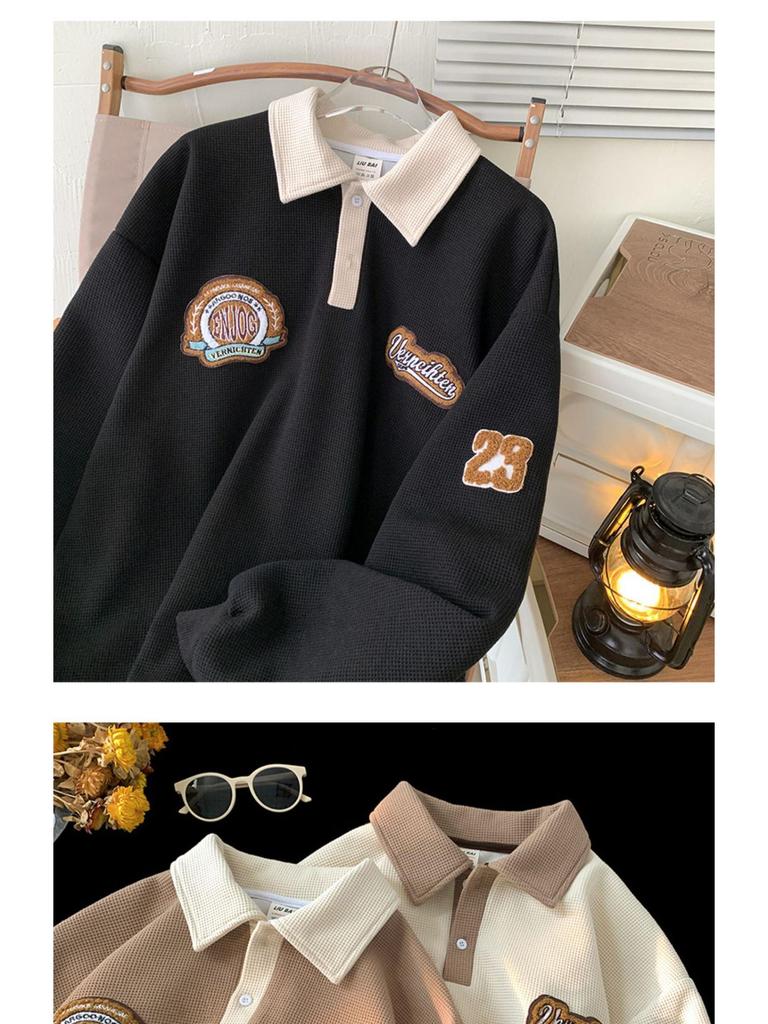 Męska bluza polo waflowa: Modny Haftowany Kołnierz, Styl Retro Amerykański, Ciężka Kurtka z Długim Rękawem na Wiosnę i Jesień