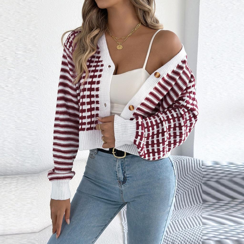 Women's Fashion Casual Contrast Plaid Long Sleeve Pullover Sweater