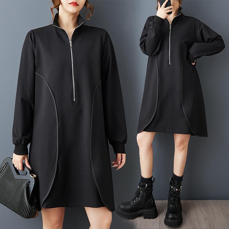 DIMANAF 2025 Women Plus Size Autumn Shirt Dress Loose Casual Oversize Long Sleeve Vintage Dress Black Zipper