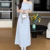 French Summer Blue Unilateral Off-the-shoulder Suspender Dress Female Giant Good-looking Elegant Style A-shaped Long Dress Wholesale