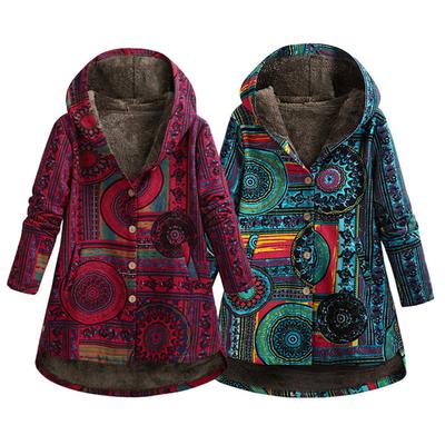 Winter New European American Women's Cotton Linen Printed Hoodie Warm Fleece Coat In Stock