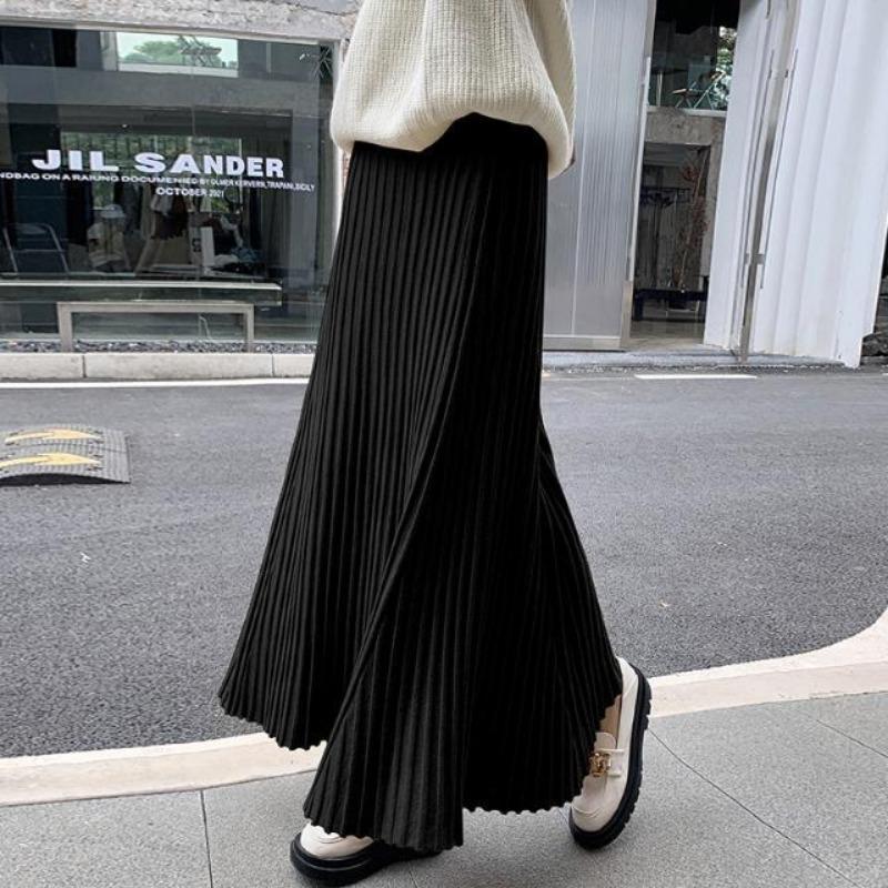 Knitted Midi Skirt Women's A-line Skirt High Waist Wide Span Mid Length Skirt