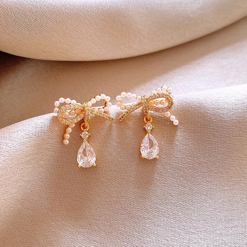 French sweet zircon butterfly flower fringed pearl stud earrings exquisite versatile earrings earrings women