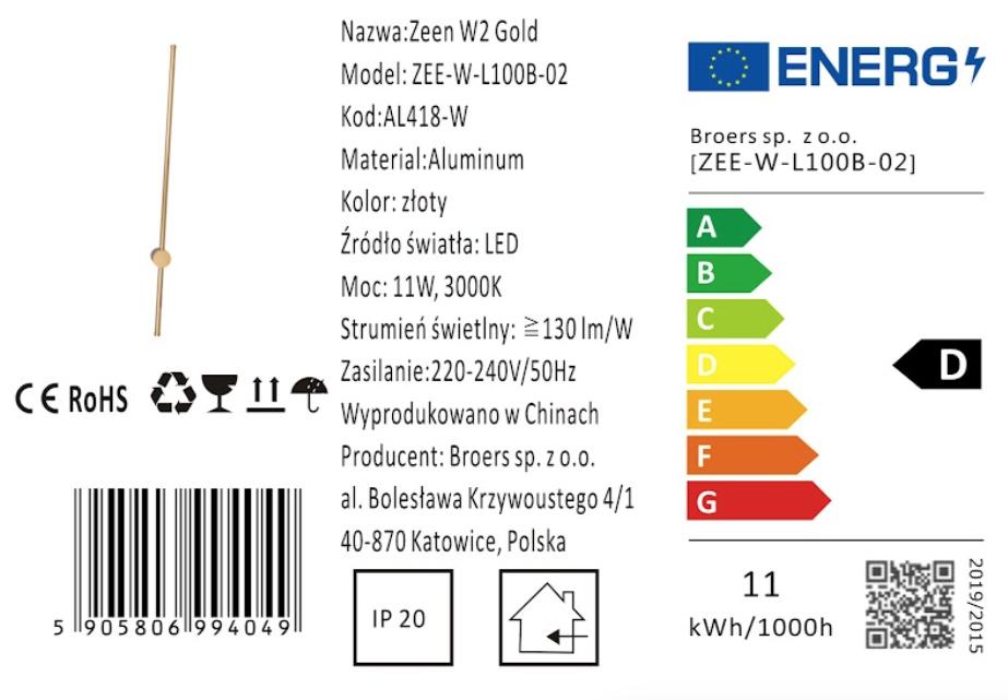 Zeen W2 Gold - Modern LED Wall Lamp 100cm Gold