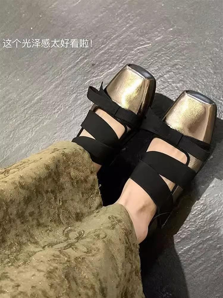 

Soft leather version~ Velcro ballet Mary Jane women s shoes super soft evening shoes flat bottom gentle square head silver single shoes 40