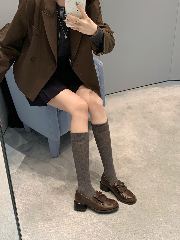 Cowhide Version~ Grape Ma Same Height Increase 5cm Flip Bow Lazy Thick Heel Thick Sole Loafers Women's Small Leather Shoes