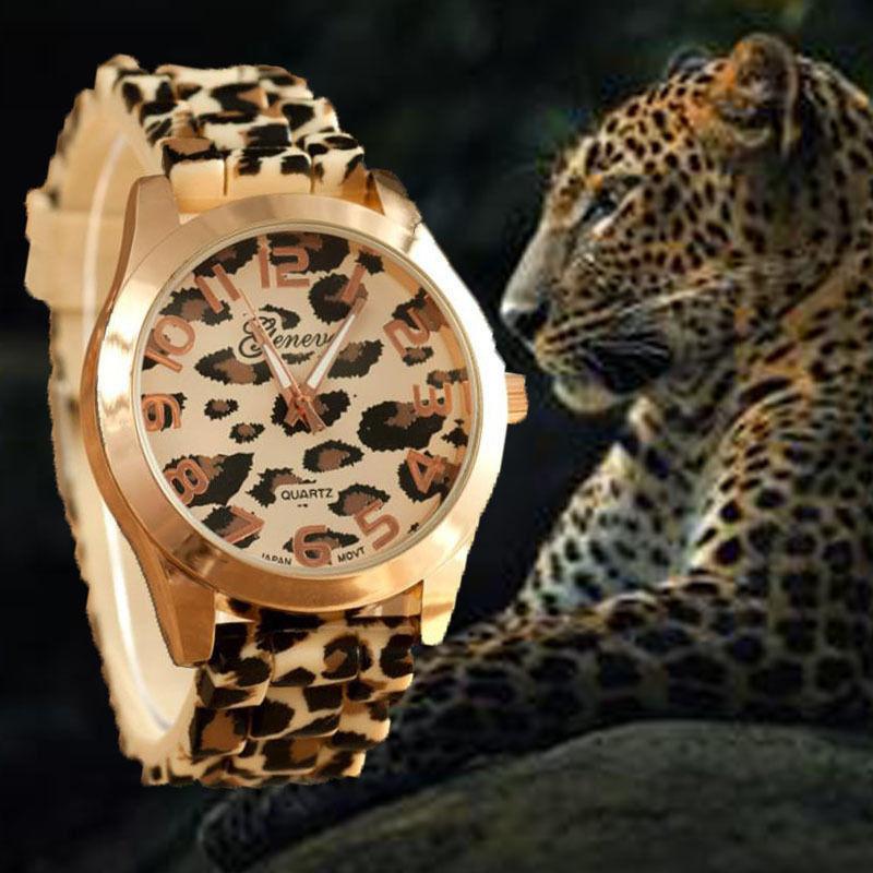 Luxusní hodinky Geneva s leopardím potiskem, quartzovým strojkem a řemínkem z nerezové oceli
