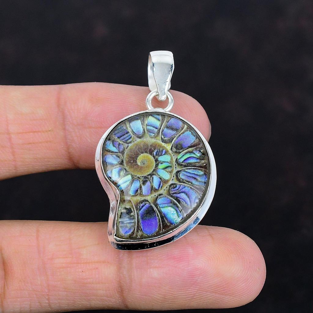 Abalone shell in ammonite fossil pendant gemstone pendant handmade jewelry 925 sterling silver pendant birthstone pendant anniversary gifts