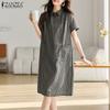 ZANZEA Women Turn Down Collar Casual Short Sleeve Grid Print Dress