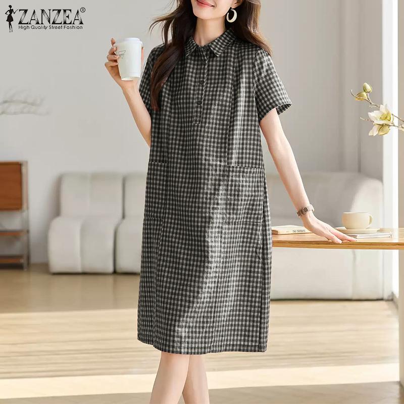 ZANZEA Women Turn Down Collar Casual Short Sleeve Grid Print Dress