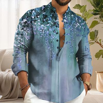 Men Shirt Thin Stand Collar Printed Single-breasted Solid Color Long Sleeves Soft Mid Length