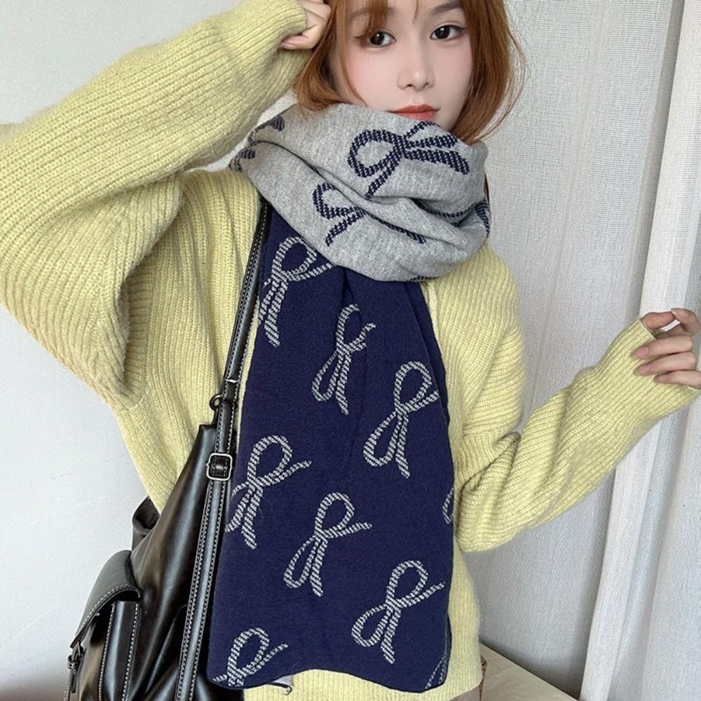 Korean Style Imitation Wool Scarf Two-sided Winter Shawl Fashion Bow Scarf  Gift