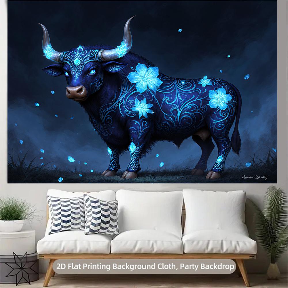 2D Plane Mysterious Blue Crystal Bull Suitable for Festival Decoration Parties Room Decoration Polyester Fiber