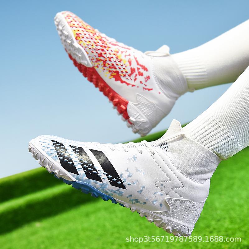 Unisex High-Top Football Shoes for Kids, Mandarin Duck Color, Long Nails, TF Artificial Grass, Student Training.