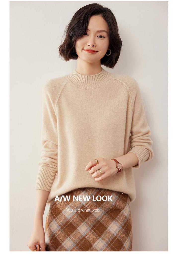 2026 Women's Cashmere Raglan Sleeve Pullover: Loose Fit, Half-High Neck, Slimming Knitwear for Autumn/Winter
