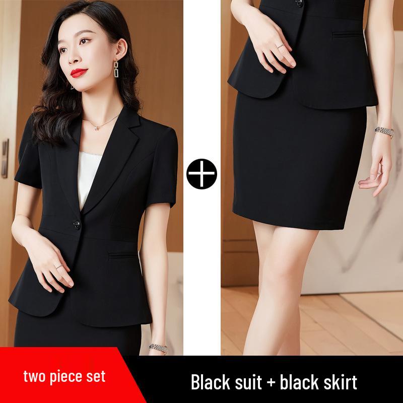 Women's Thin Black Blazer with Short Sleeves - Summer Professional Suit Set for Formal Work