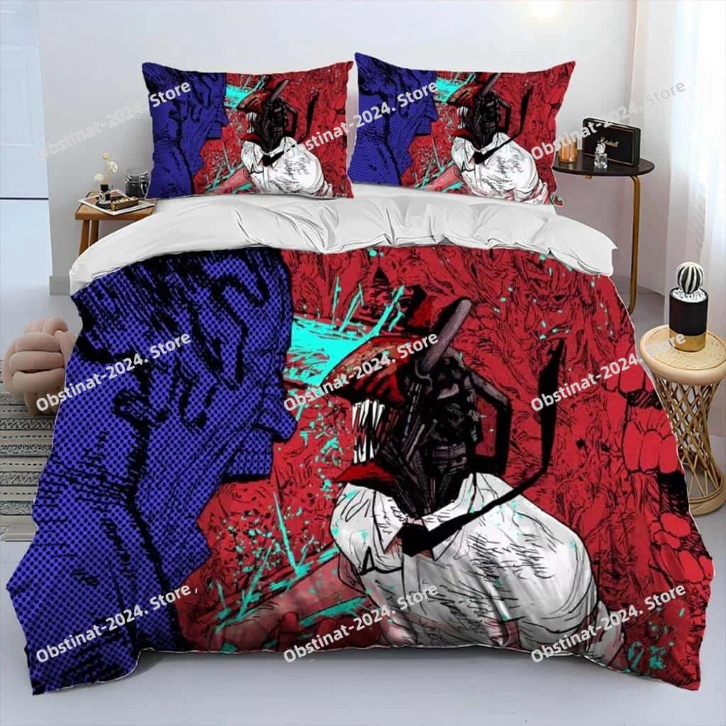 Juego de cama edredón de dibujos animados 3D Anime Chainsaw Man Denji, funda nórdica juego de cama funda de edredón funda de almohada, juego de cama tamaño king queen