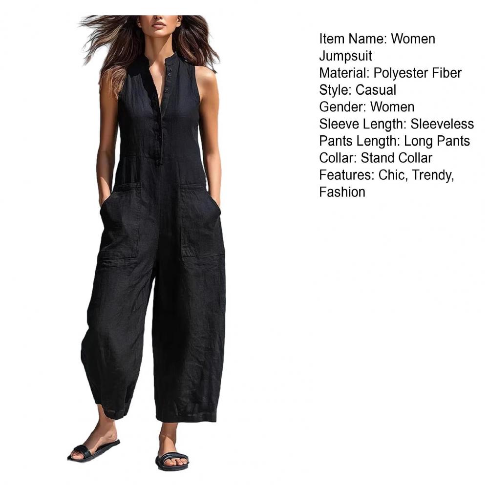 Tuta estiva da donna in cotone e lino senza maniche con bottoni, colletto alla coreana, vestibilità ampia, pezzo unico, tute con pantaloni lunghi a gamba larga, salopette con tasche