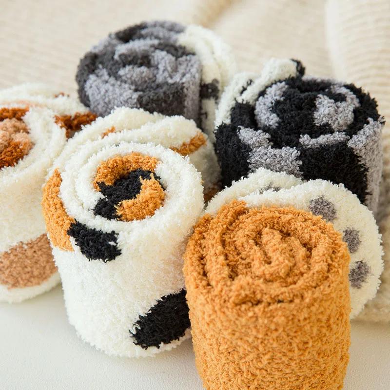 6 Pairs Woman Socks Set Cartoon Cute 3D Dog Cat Paw Pattern Winter Female Fleece Warm Home Floor Sleeping Thick Socks