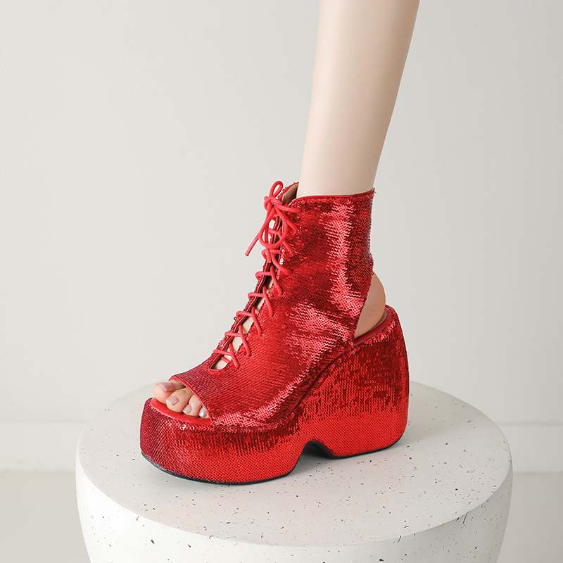 Krazing Pot Sequin Cloth Spring Summer Size 43 Size 42 Women Platform Women Peep Toe Toe Sexy Summer Boots Lace Up Pumps