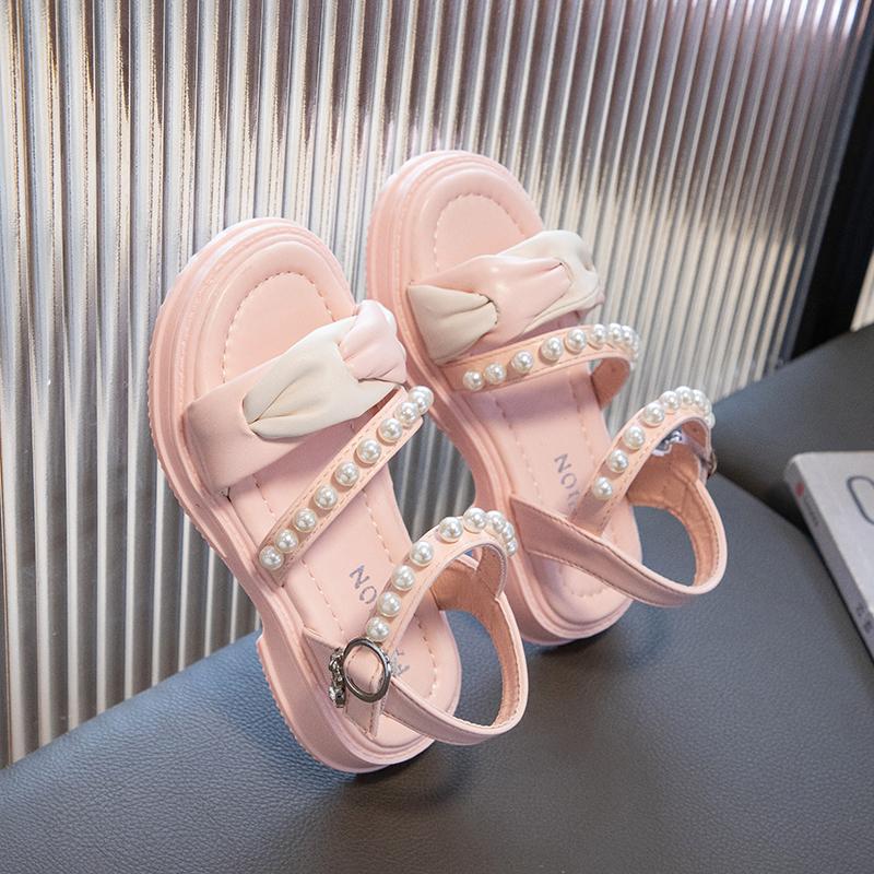Children Sandals for Girls Kids Fashion Pleated with Pearls Open-toe Versatile Flat Non-slip Princess Shoes Casual 2024 Summer