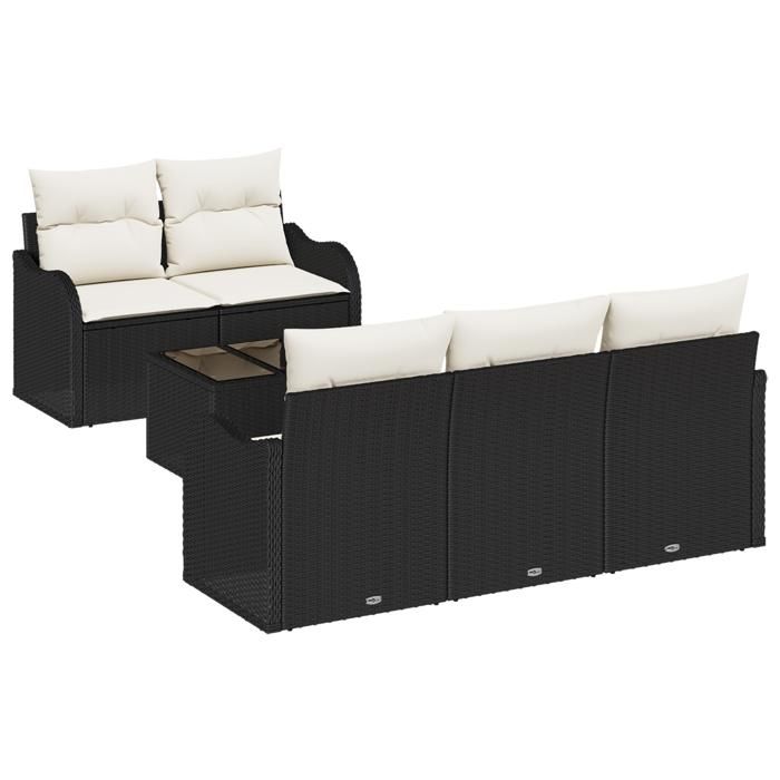 Ensemble de canapé de jardin 6 pièces avec coussins Noir Poly Rotin, Canapé de jardin 2 places avec rangement et coussins 3354246