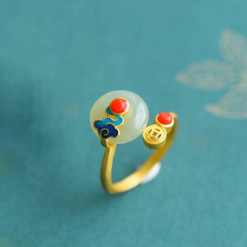 New Designer Original Ingot Natural Hetian Jade Opening Adjustable Ring Chinese Retro Light Luxury Charm Women'S  Jewelry