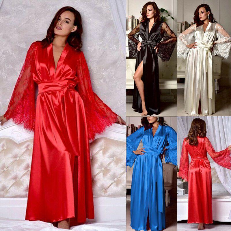 Elegante Camicia da Notte da Donna in Raso di Seta con Pizzo Lingerie Kimono Abbigliamento da Notte Lunga Vestaglia